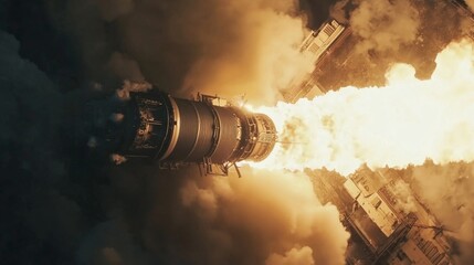 Rocket Engine Test at Facility : A powerful rocket engine firing during a test at a facility, with smoke and flames billowing from the exhaust
