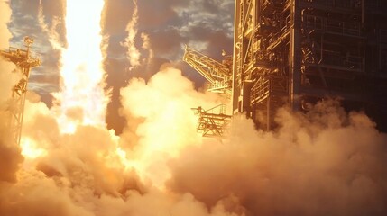 Rocket Engine Test at Facility : A powerful rocket engine firing during a test at a facility, with smoke and flames billowing from the exhaust