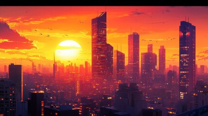 Obraz premium Vibrant Sunset Over Urban Skyline at Dusk