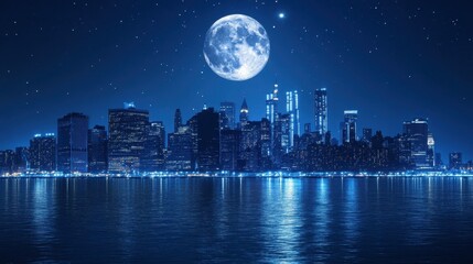 Night Skyline with Full Moon over Cityscape