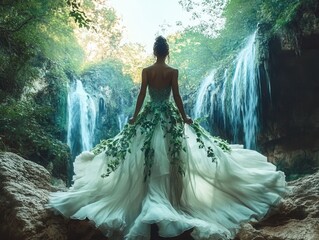 A serene figure in a flowing dress adorned with greenery stands before enchanting waterfalls in a lush natural setting.