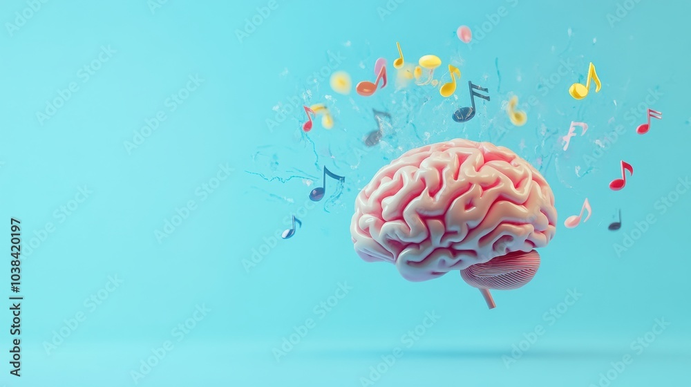 Aufkleber The visual showcases a human brain with vibrant music notes floating around it, set against a calming pastel blue backdrop. Generative AI