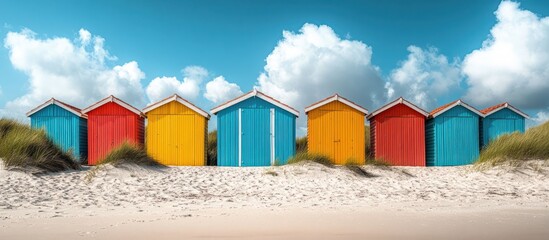 Naklejka premium Colorful beach huts on a sandy beach with blue sky and clouds.