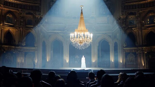 Dramatic zoom out video of a spotlight on a single figure on stage, revealing a grand opera house with low key lighting