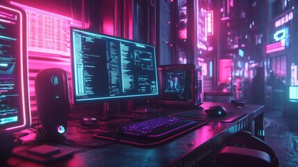 Mouse chewing cables under a high-tech workstation, VR headsets and AI tools on desk, holographic data floating, cool neon lights reflecting off metallic surfaces, cyberpunk style