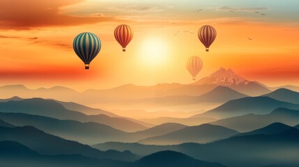 Fototapeta premium Hot Air Balloons Over Mountains at Sunrise