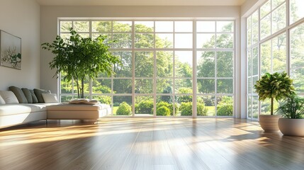Minimalist Empty Room with Large Windows and Greenery