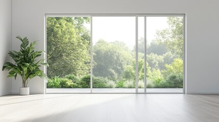 Fototapeta premium Minimalist Interior with Large Windows and Greenery