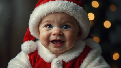 A baby in a Santa hat smiles cheerfully at the camera, with a blurry Christmas tree in the background.