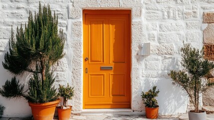 Fototapeta premium Bright Orange Door with Plants and White Stone Wall