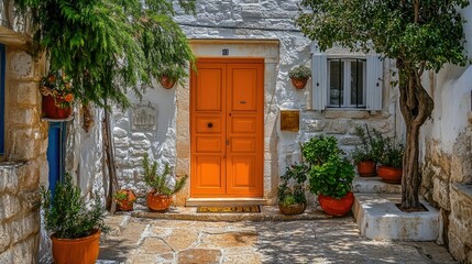 Fototapeta premium Vibrant Orange Door on Charming Stone House