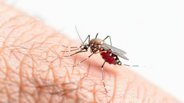 Mosquito-borne virus EEE. A close-up of a mosquito feeding on human skin, with its proboscis deeply embedded in the flesh.
