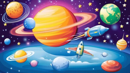 Colorful Space Scene with Planets and Rocket Launch
