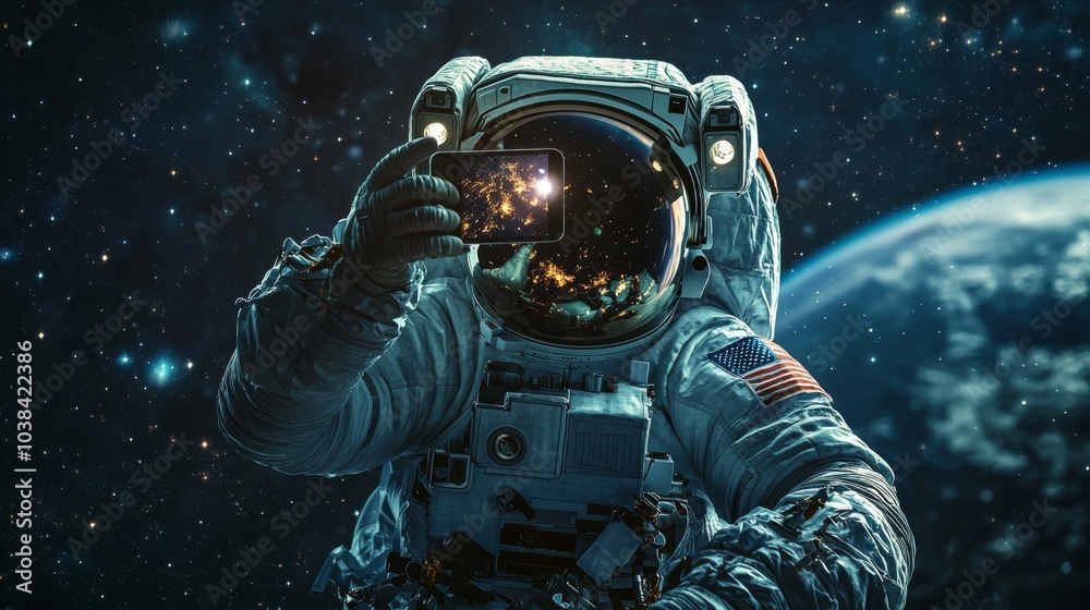 Poster astronaut taking selfie in space : an astronaut in a spacesuit taking a selfie in space, with earth 