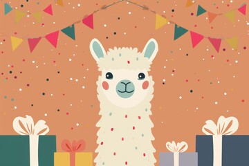 Naklejka premium Festive llama with party banners and gifts in whimsical setting