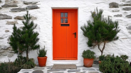 Vibrant Orange Door Framed by White Stone Walls