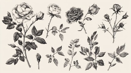 Fototapeta premium Vintage Black and White Rose Illustrations Collection