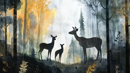 Forest Scene with Deer Silhouettes and Autumn Leaves