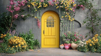 Fototapeta premium Vibrant Yellow Door Surrounded by Colorful Flowers