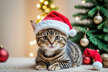 A cute little cat wearing a Santa hat sitting against a blurred Christmas decorations background with copy space.