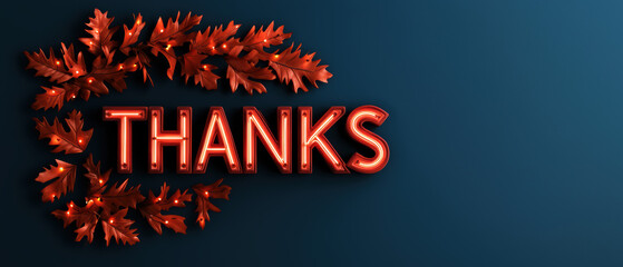 A festive "Thanks" sign adorned with leaves and glowing lights, set against a dark background, conveying gratitude and cheer.