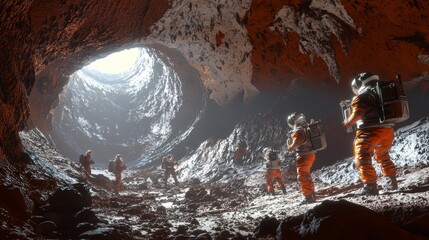 Astronauts Exploring a Cave on Mars: astronauts venturing into a Martian cave, using advanced lighting equipment to explore potential signs of water or life