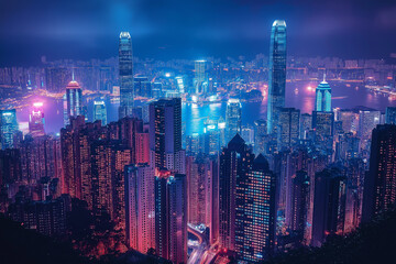 Fototapeta premium A futuristic cityscape at night, neon lights illuminating skyscrapers that stretch towards the heavens.