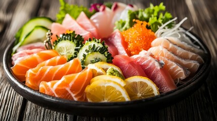 Colorful Sashimi Plate with studio lighting enhancing the fresh cuts of fish and garnishes, on a dark wooden table