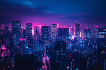 Fototapeta premium A futuristic cityscape at night, neon lights illuminating skyscrapers that stretch towards the heavens.