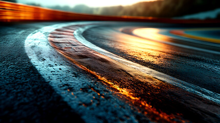 High-speed racing track curve in the early morning with motion blur and sunlight reflections