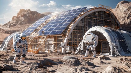 Mars Base Construction : A futuristic scene of robots and astronauts constructing the first human base on Mars, with scaffolding, solar panels, and habitat modules
