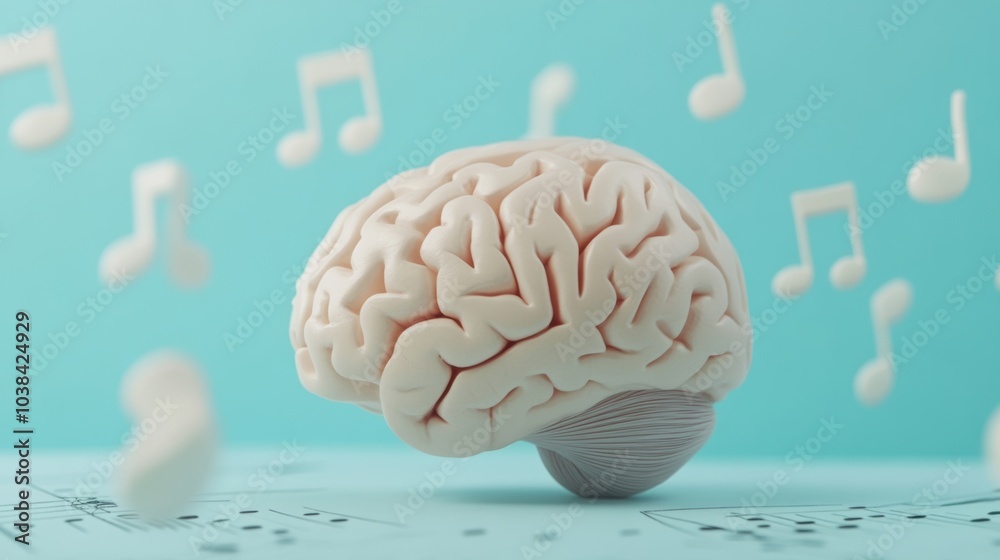 Poster A brain rests amidst floating musical notes, illustrating the relationship between music and cognitive function against a soft blue backdrop. Generative AI
