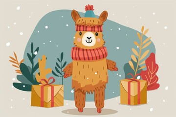 Fototapeta premium Festive llama with gifts and snowy scenery illustration