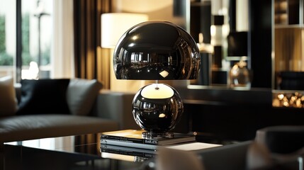 A Black Chrome Lamp on a Table in a Modern Living Room