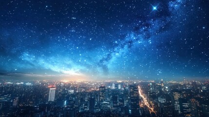 Obraz premium A city skyline under a blue sky, where stars and the Milky Way galaxy become visible as the evening deepens.