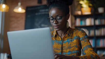 Obraz premium African American woman analyzing financial data on laptop screen