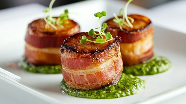 Elegant presentation of bacon-wrapped scallops garnished with microgreens and pesto in a modern restaurant setting
