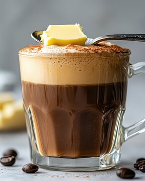 A close-up shot of a glass of bulletproof coffee with a thick, creamy foam on top, with a spoonful of butter melting into the coffee, capturing the richness and indulgence of this energizing drink