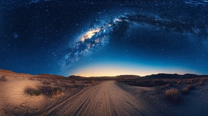 A desert landscape under a blue sky, gradually revealing stars and the Milky Way galaxy as dusk approaches.