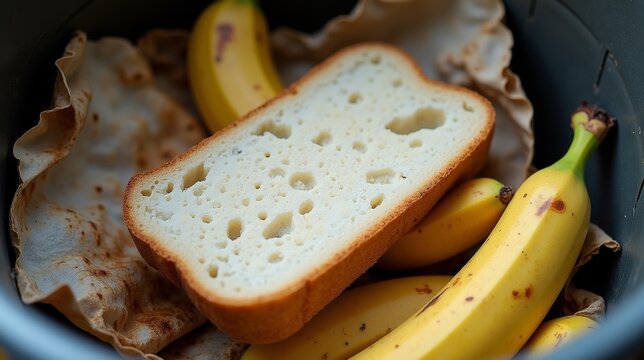 A slice of bread, a browning banana, and a cut lemon rest carelessly on crumpled paper, symbolizing the waste and neglect of uneaten food.