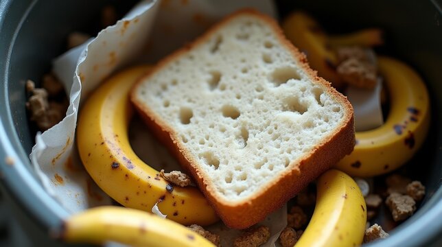 A slice of bread, a browning banana, and a cut lemon rest carelessly on crumpled paper, symbolizing the waste and neglect of uneaten food. - Powered by Adobe