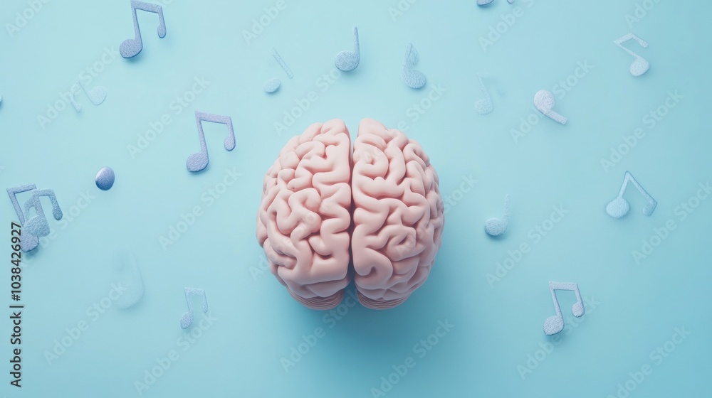 Poster the brain is expressive of music and creativity, enveloped in soothing pastel blue with floating mus