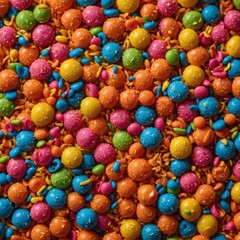 Fototapeta premium Colorful assortment of various round candies or gumballs in bright shades of red, orange, yellow, green, blue, and pink, arranged in dense, textured pattern