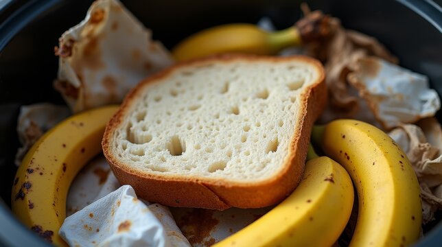 A slice of bread, a browning banana, and a cut lemon rest carelessly on crumpled paper, symbolizing the waste and neglect of uneaten food.