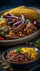 Fototapeta premium Bowl filled with various grilled and roasted vegetables, including corn, eggplant, and beans, along with piece of grilled meat. Background features additional vegetables and dark, rustic setting