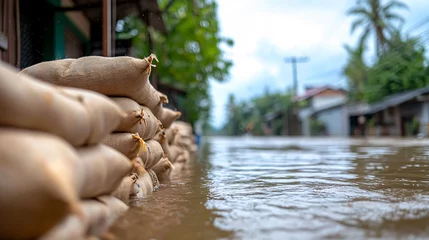  Flooded street with sandbags stacked along swollen riverbank, showcasing impact of heavy rainfall. scene reflects urgency of flood prevention measures © Gibster