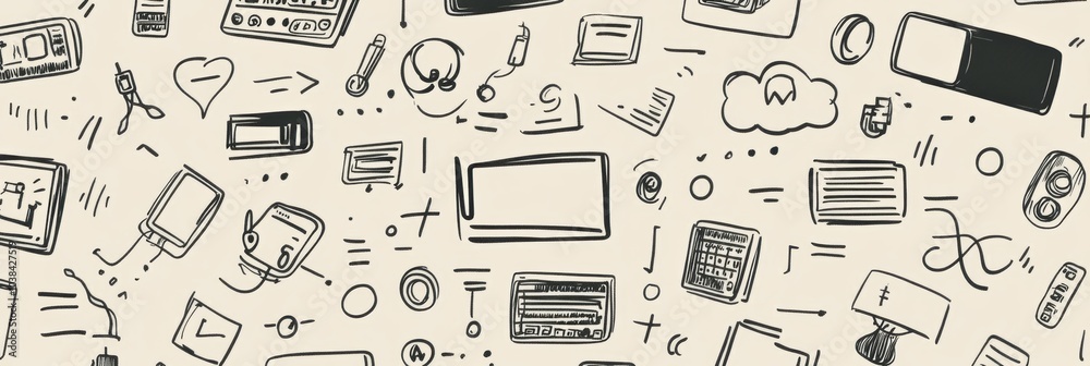 Poster A collection of doodles illustrating various technology items such as coding symbols, smartphones, and cloud storage icons fills the canvas. Generative AI