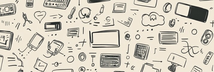 A collection of doodles illustrating various technology items such as coding symbols, smartphones, and cloud storage icons fills the canvas. Generative AI