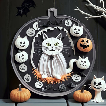 openart halloween decorations with ghosts pumpkins and a spooky cat