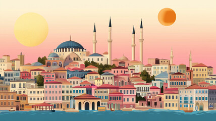 Obraz premium simple flat 2D illustration, vector illustration, simple colors, view on istanbul and Sultan Ahmet mosque or blue mosque. Famous touristic must-see spot in the heart of the capital city Istanbul.